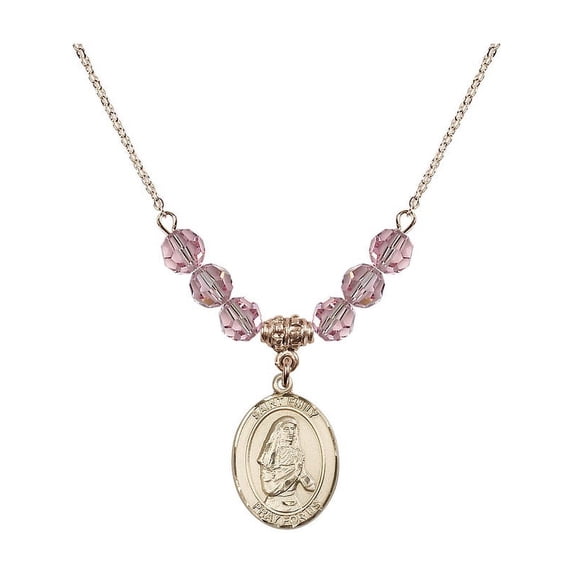 18-Inch Hamilton Gold Plated Necklace w/ 6mm Light Rose Pink October Birth Month Stone Beads and Saint Emily de Vialar Charm