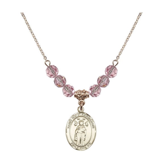 18-Inch Hamilton Gold Plated Necklace w/ 6mm Light Rose Pink October Birth Month Stone Beads and Saint Ivo of Kelmartin Charm