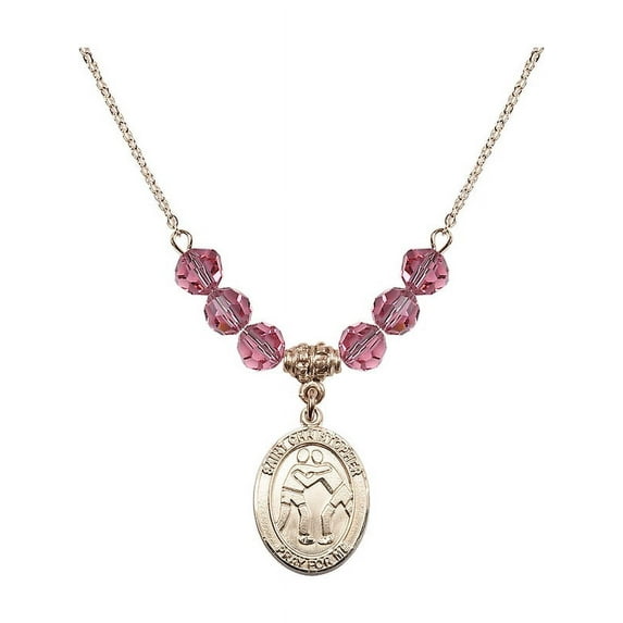 18-Inch Hamilton Gold Plated Necklace w/ 6mm Rose Pink October Birth Month Stone Beads and Saint Christopher/Wrestling Charm