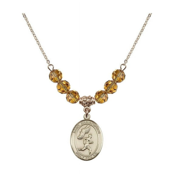 18-Inch Hamilton Gold Plated Necklace w/ 6mm Yellow November Birth Month Stone Beads & Saint Christopher/Track&Field-Men