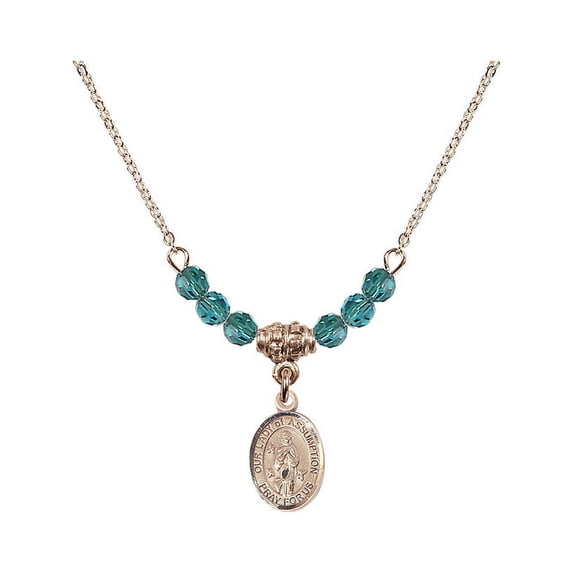 18-Inch Hamilton Gold Plated Necklace with 4mm Blue December Birth Month Stone Beads and Our Lady of Assumption Charm
