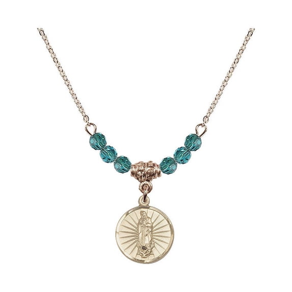 18-Inch Hamilton Gold Plated Necklace with 4mm Blue December Birth Month Stone Beads and Our Lady of Guadalupe Charm