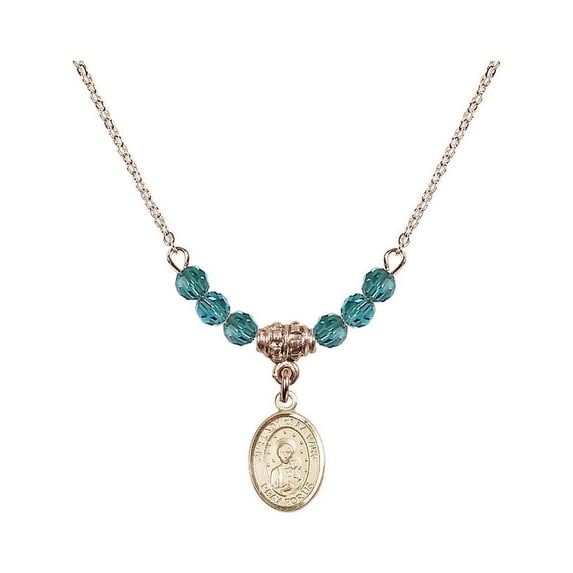 18-Inch Hamilton Gold Plated Necklace with 4mm Blue December Birth Month Stone Beads and Our Lady of la Vang Charm
