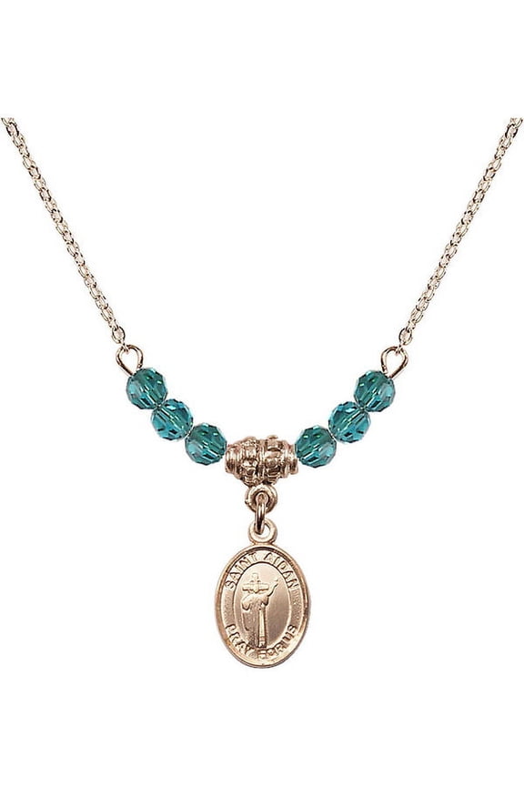 18-Inch Hamilton Gold Plated Necklace with 4mm Blue December Birth Month Stone Beads and Saint Aidan of Lindesfarne Charm