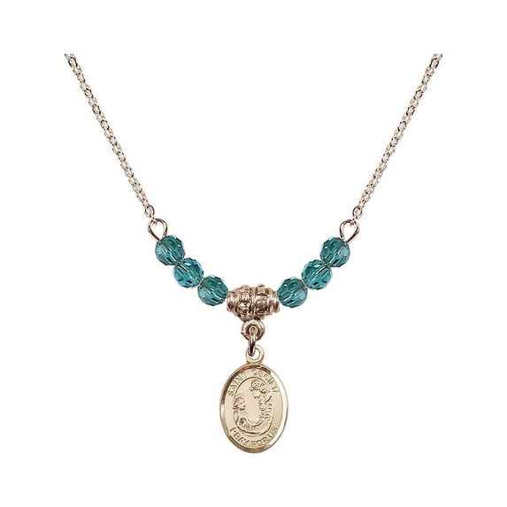 18-Inch Hamilton Gold Plated Necklace with 4mm Blue December Birth Month Stone Beads and Saint Cecilia Charm