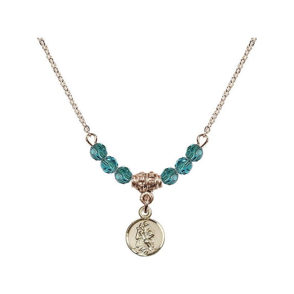 18-Inch Hamilton Gold Plated Necklace with 4mm Blue December Birth Month Stone Beads and Saint Christopher Charm