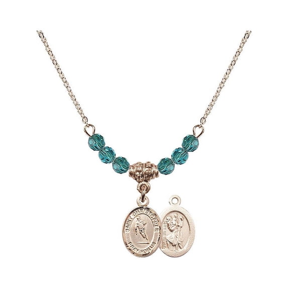 18-Inch Hamilton Gold Plated Necklace with 4mm Blue December Birth Month Stone Beads and Saint Christopher / Rugby Charm