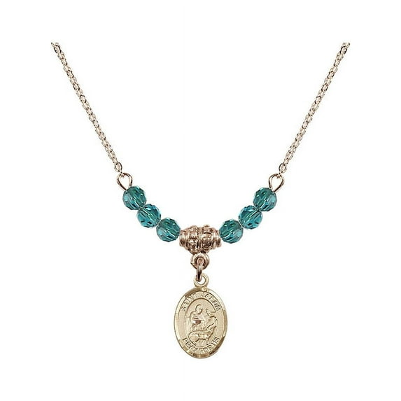 18-Inch Hamilton Gold Plated Necklace with 4mm Blue December Birth Month Stone Beads and Saint Jason Charm