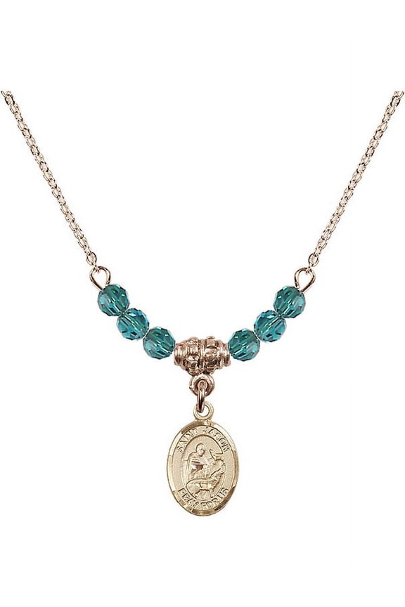 18-Inch Hamilton Gold Plated Necklace with 4mm Blue December Birth Month Stone Beads and Saint Jason Charm