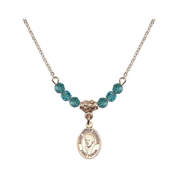 18-Inch Hamilton Gold Plated Necklace with 4mm Blue December Birth Month Stone Beads and Saint Peter Canisius Charm