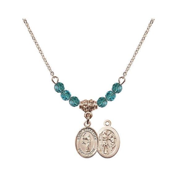 18-Inch Hamilton Gold Plated Necklace with 4mm Blue December Birth Month Stone Beads and Saint Sebastian / Archery Charm