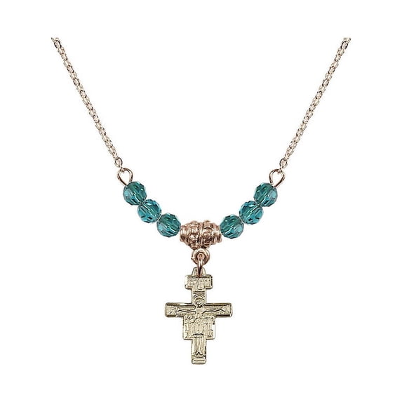 18-Inch Hamilton Gold Plated Necklace with 4mm Blue December Birth Month Stone Beads and San Damiano Crucifix Charm