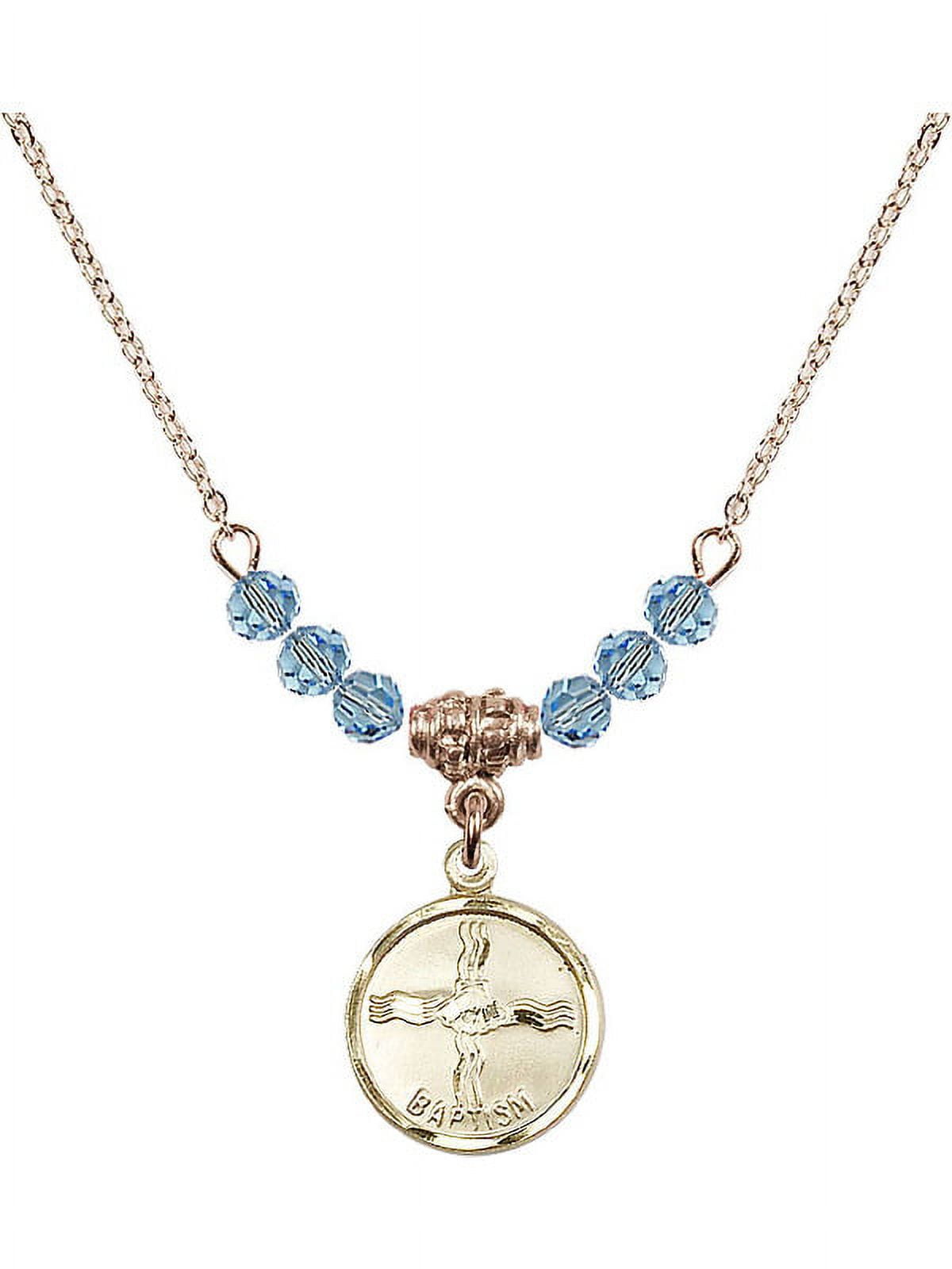 18-Inch Hamilton Gold Plated Necklace with 4mm Blue March Birth Month Stone Beads and Baptism Charm
