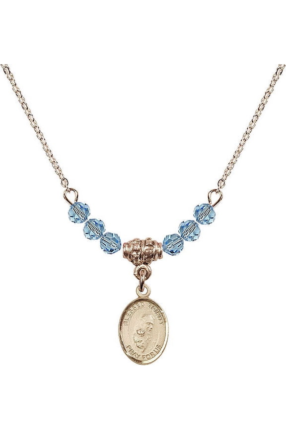 18-Inch Hamilton Gold Plated Necklace with 4mm Blue March Birth Month Stone Beads and Blessed Trinity Charm