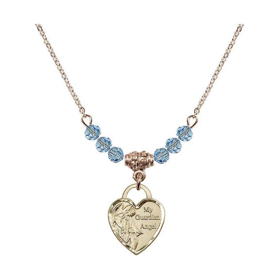 18-Inch Hamilton Gold Plated Necklace with 4mm Blue March Birth Month Stone Beads and Guardian Angel Heart Charm