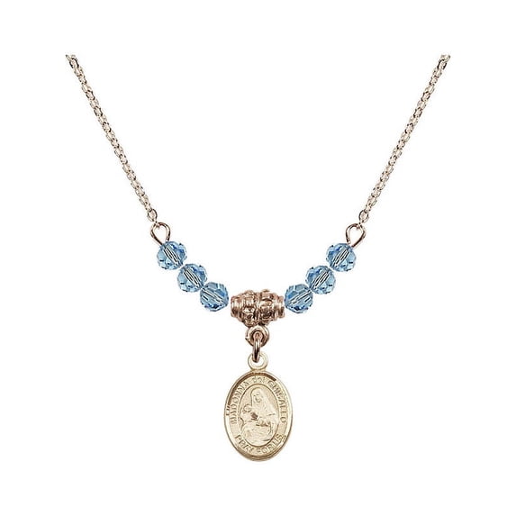 18-Inch Hamilton Gold Plated Necklace with 4mm Blue March Birth Month Stone Beads and Madonna del Ghisallo Charm