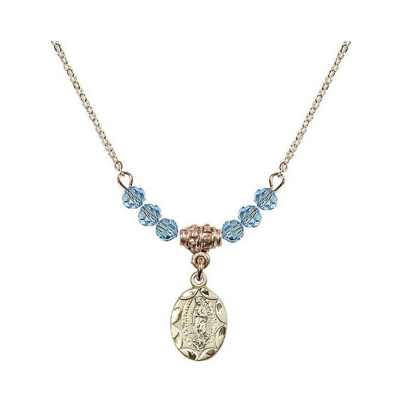 18-Inch Hamilton Gold Plated Necklace with 4mm Blue March Birth Month Stone Beads and Our Lady of Guadalupe Charm