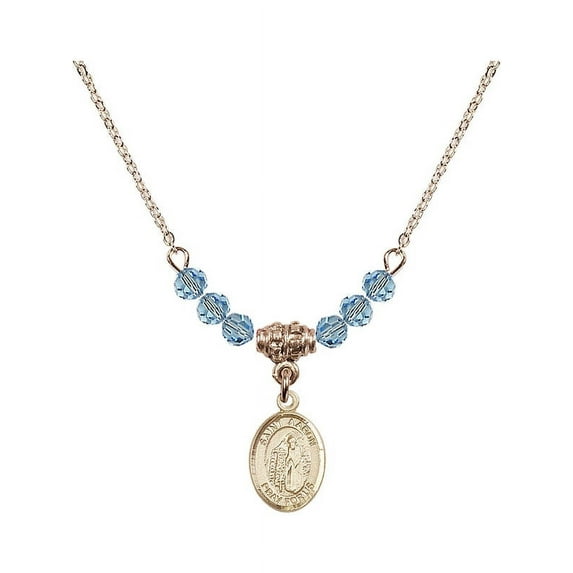 18-Inch Hamilton Gold Plated Necklace with 4mm Blue March Birth Month Stone Beads and Saint Aaron Charm