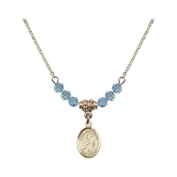 18-Inch Hamilton Gold Plated Necklace with 4mm Blue March Birth Month Stone Beads and Saint Alphonsus Charm