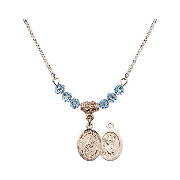 18-Inch Hamilton Gold Plated Necklace with 4mm Blue March Birth Month Stone Beads and Saint Christopher / Rodeo Charm