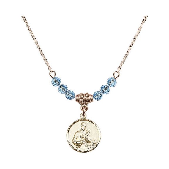 18-Inch Hamilton Gold Plated Necklace with 4mm Blue March Birth Month Stone Beads and Saint Gerard Charm