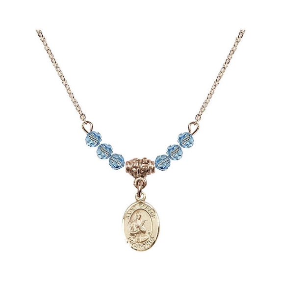 18-Inch Hamilton Gold Plated Necklace with 4mm Blue March Birth Month Stone Beads and Saint Gerard Majella Charm