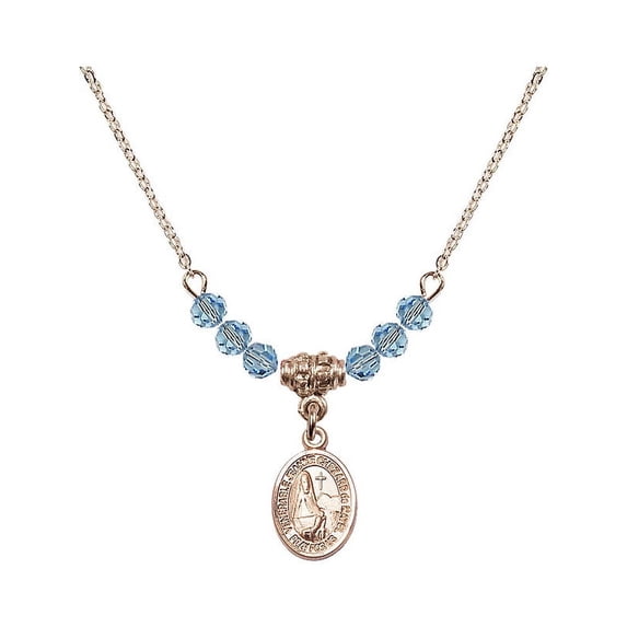 18-Inch Hamilton Gold Plated Necklace with 4mm Blue March Birth Month Stone Beads and Saint Jeanne Chezard de Matel Charm