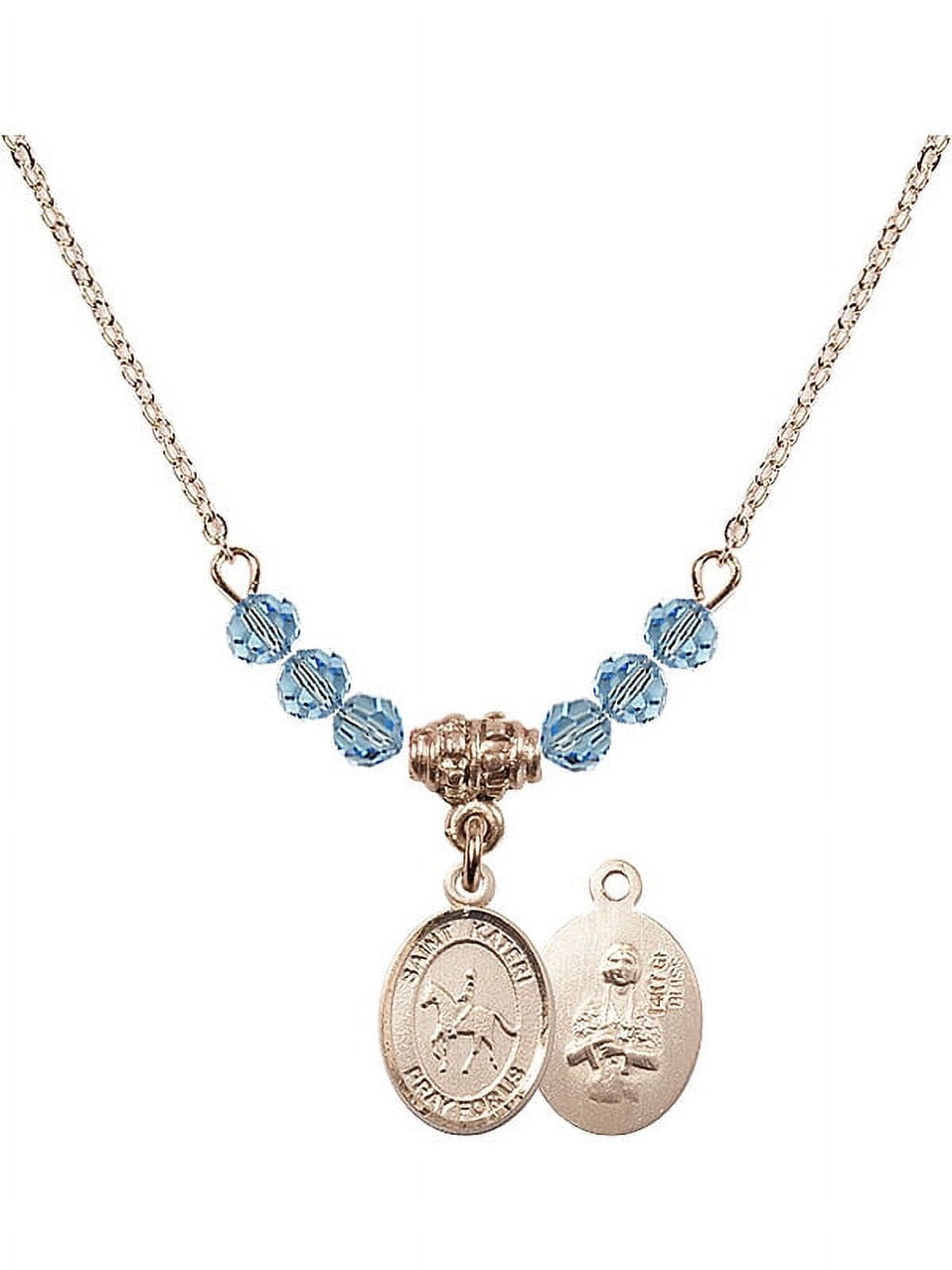 18-Inch Hamilton Gold Plated Necklace with 4mm Blue March Birth Month Stone Beads and Saint Kateri/Equestrian Charm