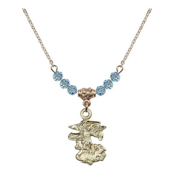 18-Inch Hamilton Gold Plated Necklace with 4mm Blue March Birth Month Stone Beads and Saint Michael the Archangel Charm