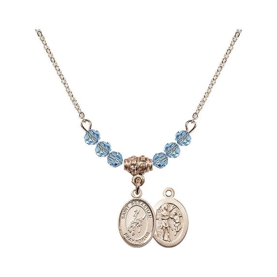 18-Inch Hamilton Gold Plated Necklace with 4mm Blue March Birth Month Stone Beads and Saint Sebastian / Rodeo Charm