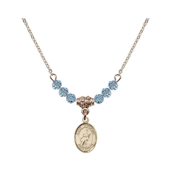 18-Inch Hamilton Gold Plated Necklace with 4mm Blue March Birth Month Stone Beads and Saint Tarcisius Charm