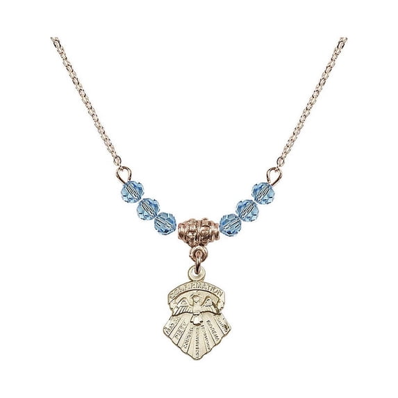 18-Inch Hamilton Gold Plated Necklace with 4mm Blue March Birth Month Stone Beads and Seven Gifts Charm