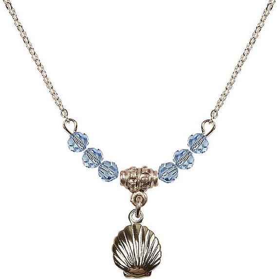 18-Inch Hamilton Gold Plated Necklace with 4mm Blue March Birth Month Stone Beads and Shell Charm