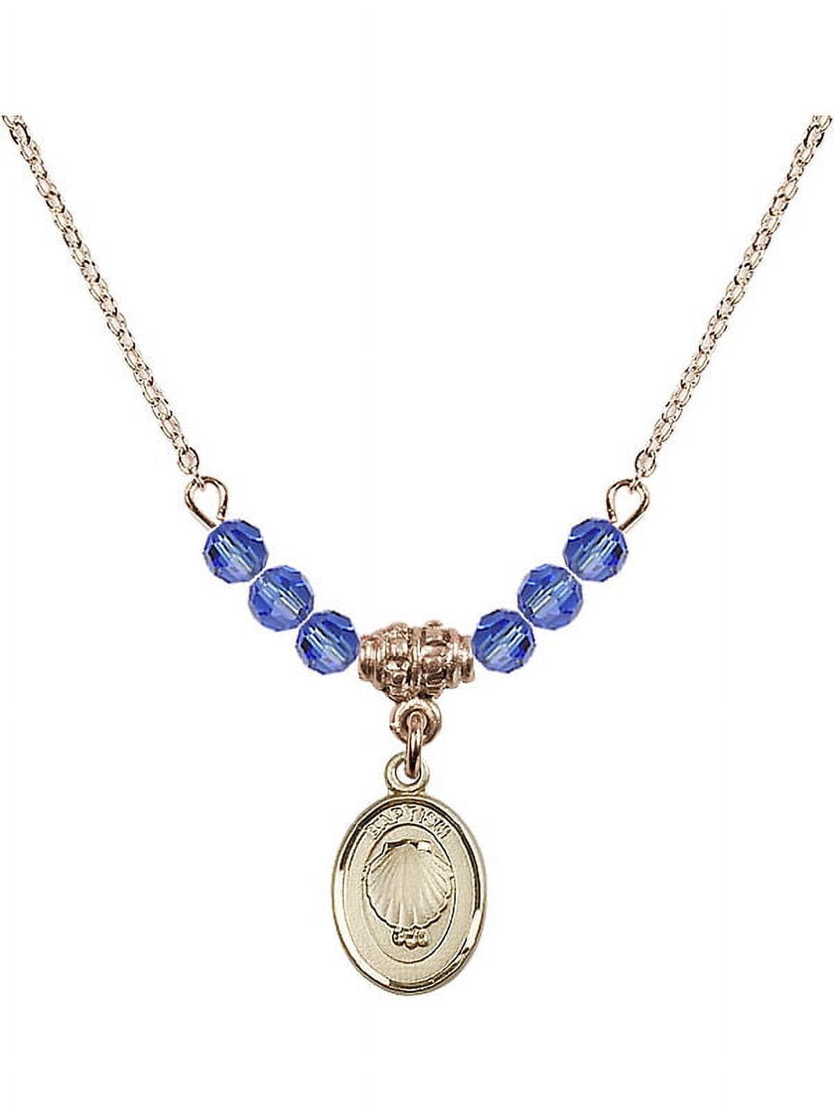 18-Inch Hamilton Gold Plated Necklace with 4mm Blue September Birth Month Stone Beads and Baptism Charm