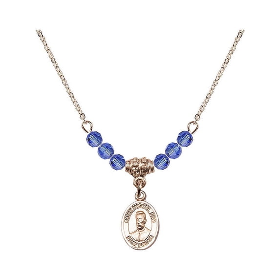 18-Inch Hamilton Gold Plated Necklace with 4mm Blue September Birth Month Stone Beads and Blessed Miguel Pro Charm