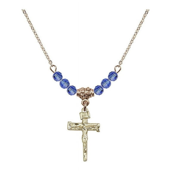 18-Inch Hamilton Gold Plated Necklace with 4mm Blue September Birth Month Stone Beads and Nail Crucifix Charm
