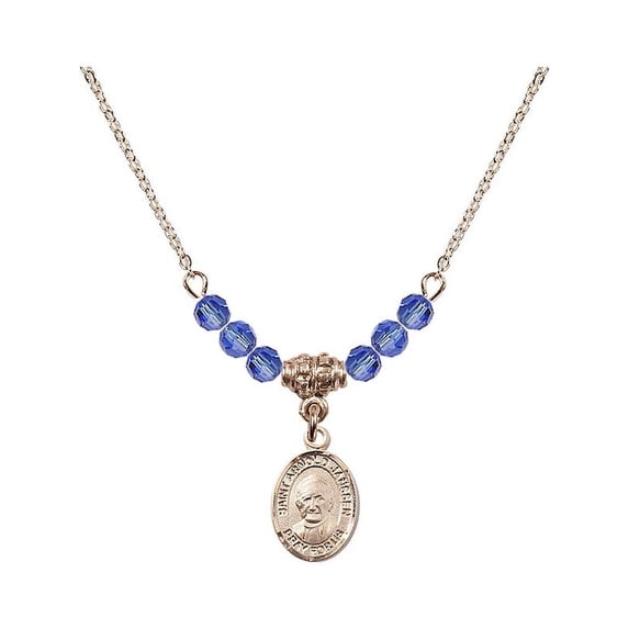 18-Inch Hamilton Gold Plated Necklace with 4mm Blue September Birth Month Stone Beads and Saint Arnold Janssen Charm
