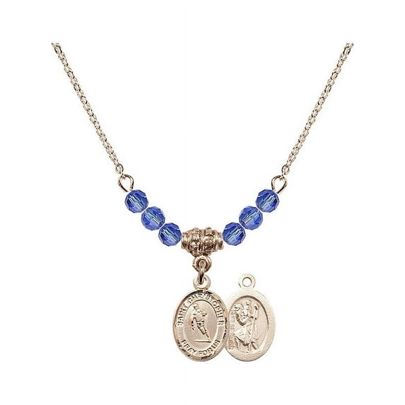 18-Inch Hamilton Gold Plated Necklace with 4mm Blue September Birth Month Stone Beads and Saint Christopher / Rugby Charm