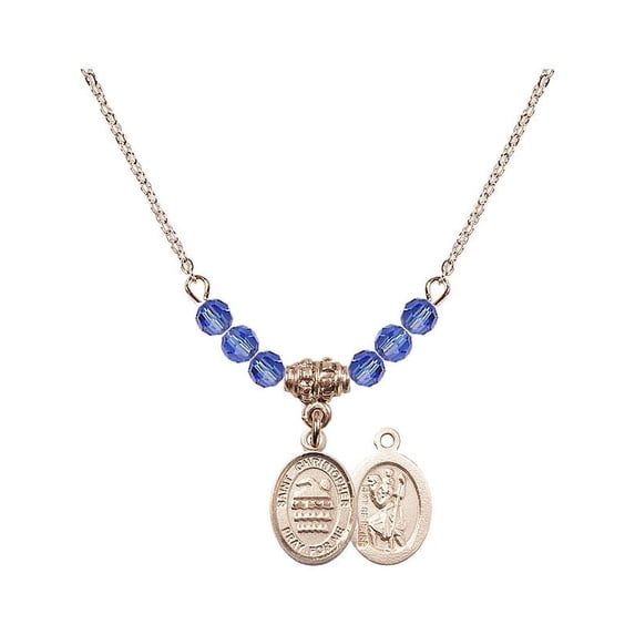 18-Inch Hamilton Gold Plated Necklace with 4mm Blue September Birth Month Stone Beads and Saint Christopher/Swimming Charm