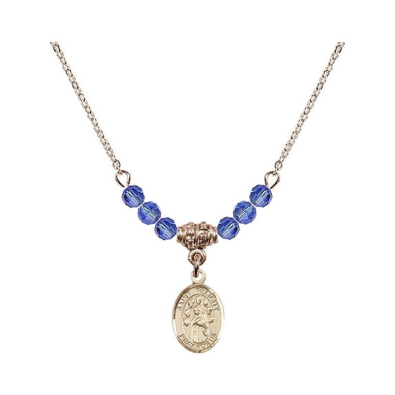 18-Inch Hamilton Gold Plated Necklace with 4mm Blue September Birth Month Stone Beads and Saint Felicity Charm