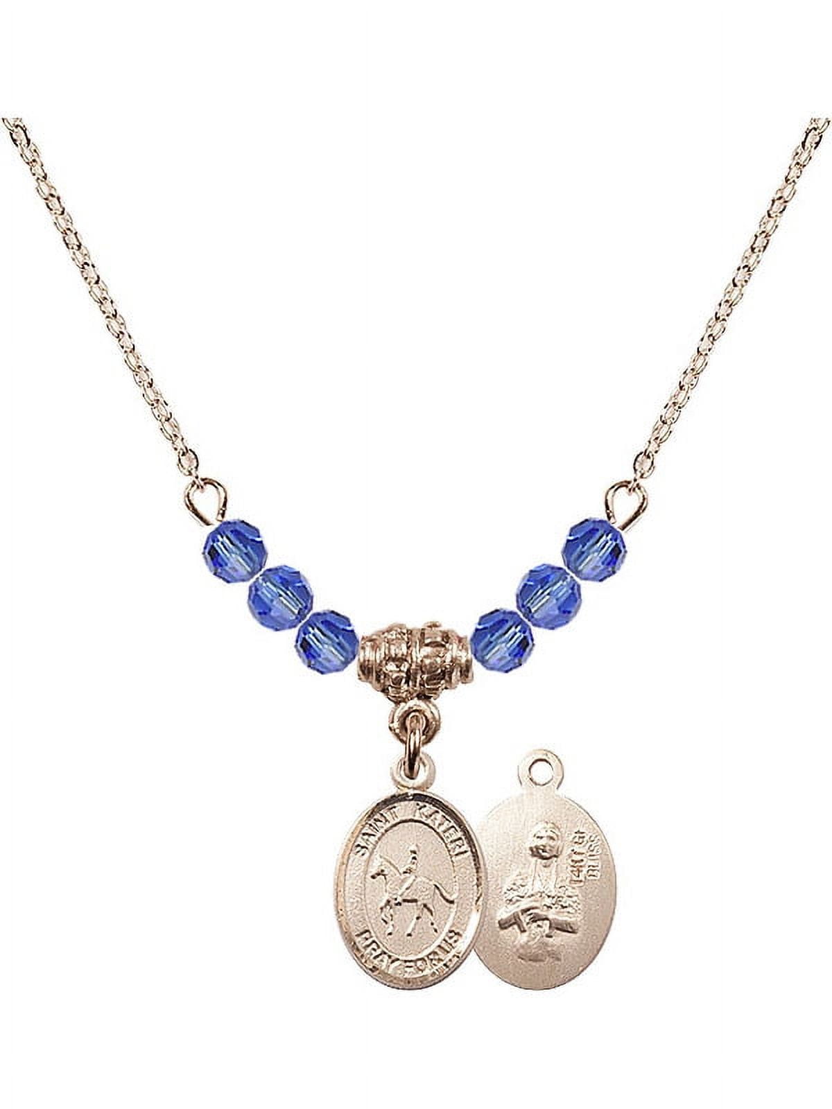 18-Inch Hamilton Gold Plated Necklace with 4mm Blue September Birth Month Stone Beads and Saint Kateri/Equestrian Charm