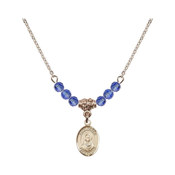 18-Inch Hamilton Gold Plated Necklace with 4mm Blue September Birth Month Stone Beads and Saint Rafka Charm