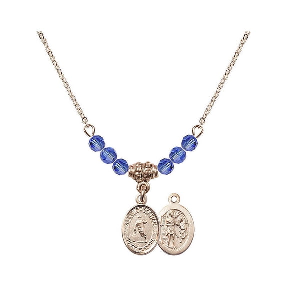 18-Inch Hamilton Gold Plated Necklace with 4mm Blue September Birth Month Stone Beads and Saint Sebastian / Rugby Charm