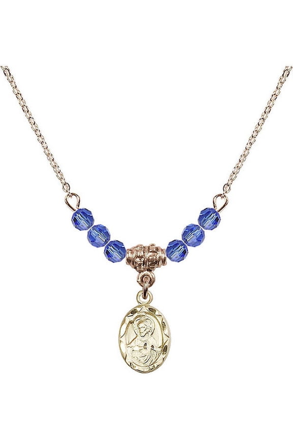 18-Inch Hamilton Gold Plated Necklace with 4mm Blue September Birth Month Stone Beads and Scapular Charm