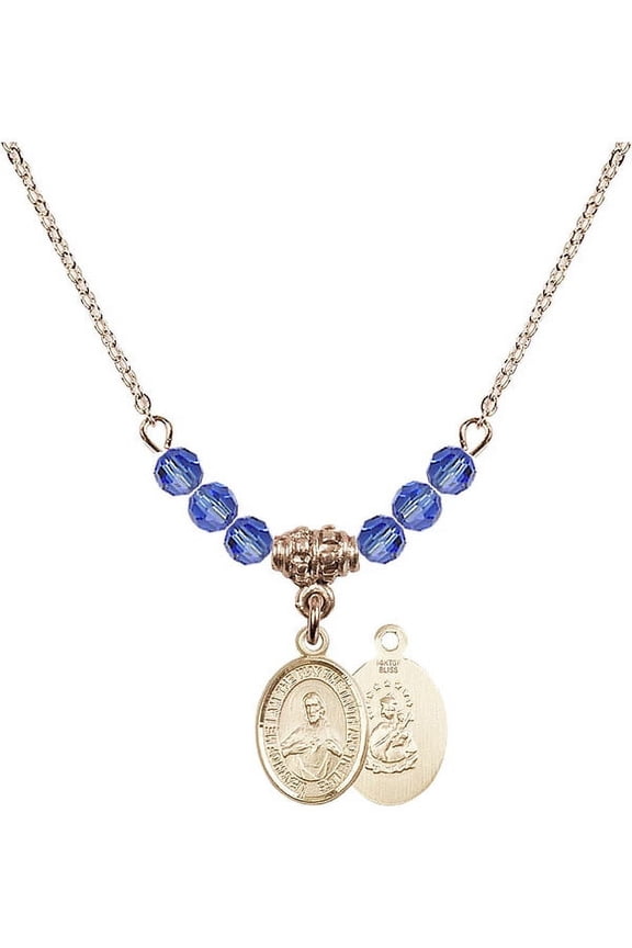 18-Inch Hamilton Gold Plated Necklace with 4mm Blue September Birth Month Stone Beads and Scapular Charm