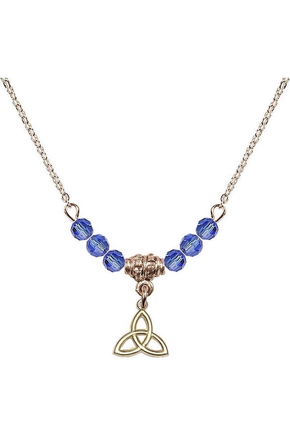 18-Inch Hamilton Gold Plated Necklace with 4mm Blue September Birth Month Stone Beads and Trinity Irish Knot Charm