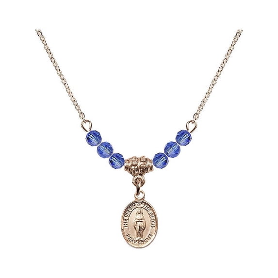 18-Inch Hamilton Gold Plated Necklace with 4mm Blue September Birth Month Stone Beads and Virgin of the Globe Charm