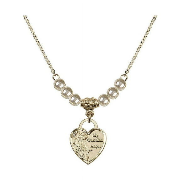 18-Inch Hamilton Gold Plated Necklace with 4mm Faux-Pearl Beads and Guardian Angel Heart Charm