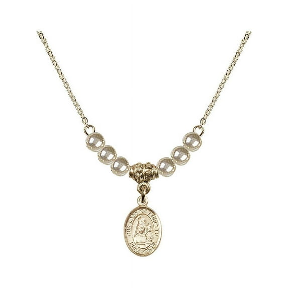 18-Inch Hamilton Gold Plated Necklace with 4mm Faux-Pearl Beads and Our Lady of Loretto Charm