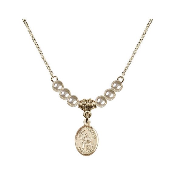 18-Inch Hamilton Gold Plated Necklace with 4mm Faux-Pearl Beads and Saint Deborah Charm
